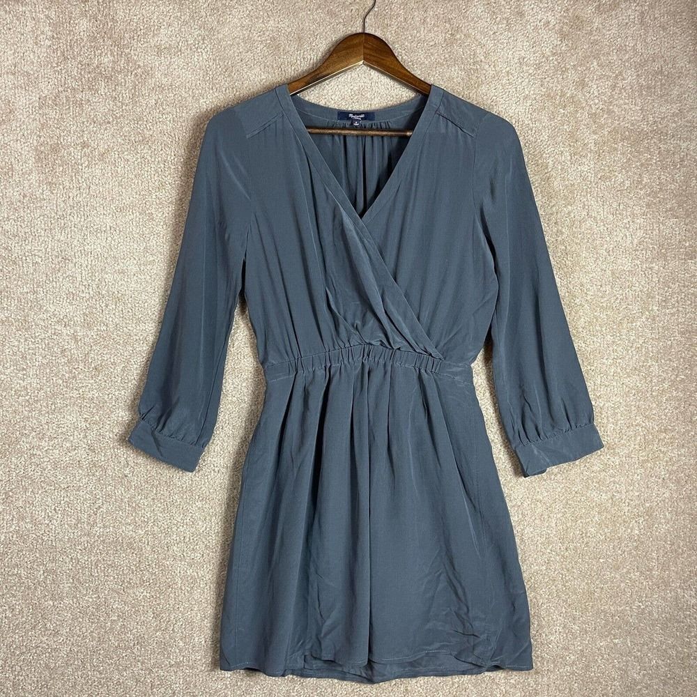 Madewell Kali Dress Womens Size 0 Dark Gray Silk Surplice Faux Wrap Long Sleeve - Picture 2 of 8